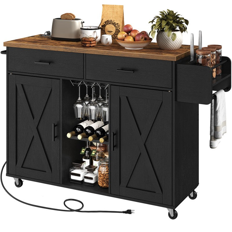 HOOBRO Kitchen Island with Storage, Rolling Kitchen Island Cart on Wheels, Kitchen Island Table with Charging Station, 2 Drawers, Storage Cabinet and Towel Rack
