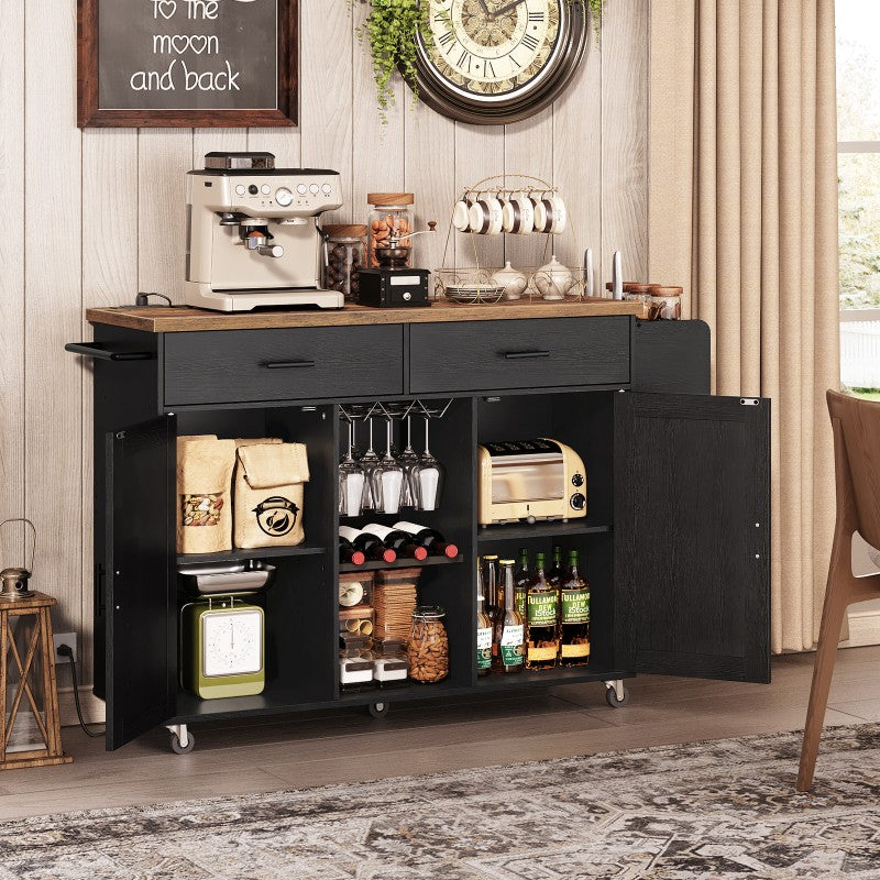 HOOBRO Kitchen Island with Storage, Rolling Kitchen Island Cart on Wheels, Kitchen Island Table with Charging Station, 2 Drawers, Storage Cabinet and Towel Rack