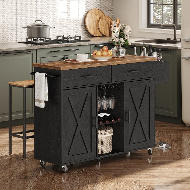 HOOBRO Kitchen Island with Storage, Rolling Kitchen Island Cart on Wheels, Kitchen Island Table with Charging Station, 2 Drawers, Storage Cabinet and Towel Rack