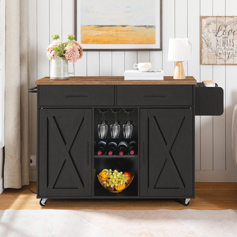 HOOBRO Kitchen Island with Storage, Rolling Kitchen Island Cart on Wheels, Kitchen Island Table with Charging Station, 2 Drawers, Storage Cabinet and Towel Rack