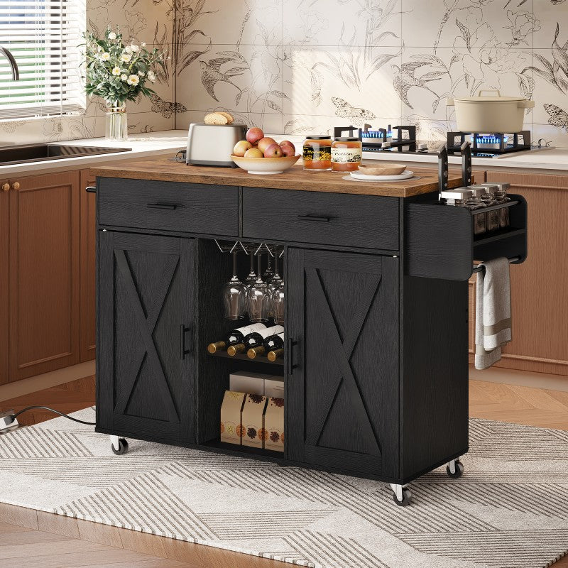 HOOBRO Kitchen Island with Storage, Rolling Kitchen Island Cart on Wheels, Kitchen Island Table with Charging Station, 2 Drawers, Storage Cabinet and Towel Rack