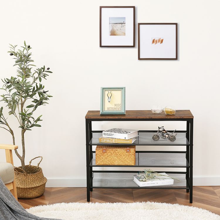 HOOBRO Industrial Shoe Rack, Shoe Shelf, Storage Organizer Unit with Mesh Shelves, Wood Look Accent Furniture with Metal Frame
