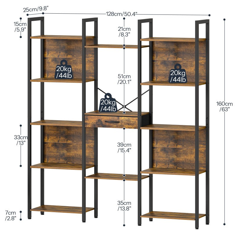HOOBRO Triple Wide 5-Tier Bookshelf, Industrial Large Bookcase with Drawer, Etagere Bookshelf, Modern Bookshelves with Metal Frame for Living Room, Home Office