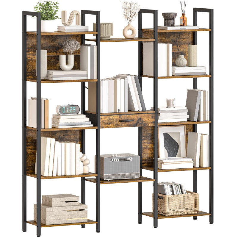 HOOBRO Triple Wide 5-Tier Bookshelf, Industrial Large Bookcase with Drawer, Etagere Bookshelf, Modern Bookshelves with Metal Frame for Living Room, Home Office
