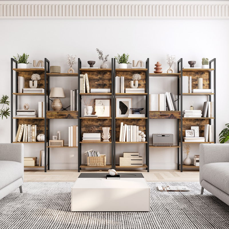 HOOBRO Triple Wide 5-Tier Bookshelf, Industrial Large Bookcase with Drawer, Etagere Bookshelf, Modern Bookshelves with Metal Frame for Living Room, Home Office