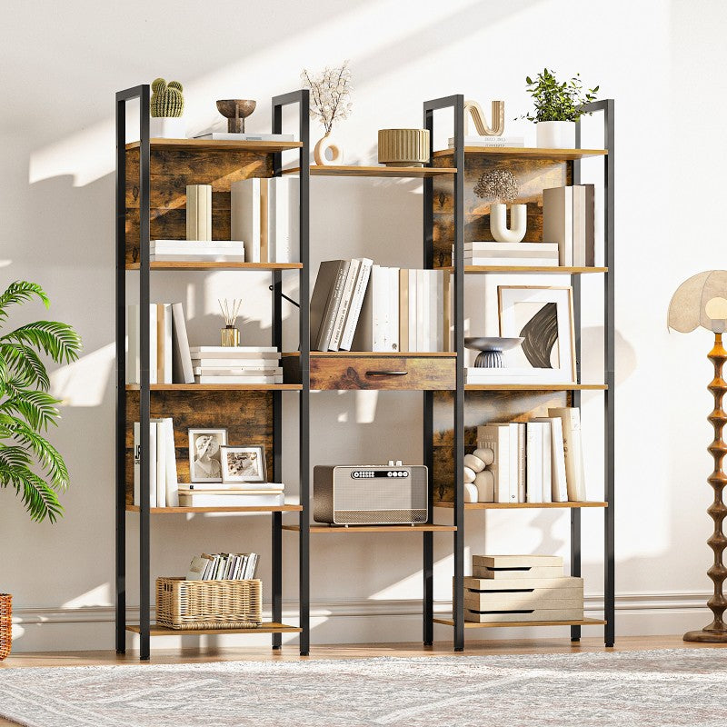 HOOBRO Triple Wide 5-Tier Bookshelf, Industrial Large Bookcase with Drawer, Etagere Bookshelf, Modern Bookshelves with Metal Frame for Living Room, Home Office
