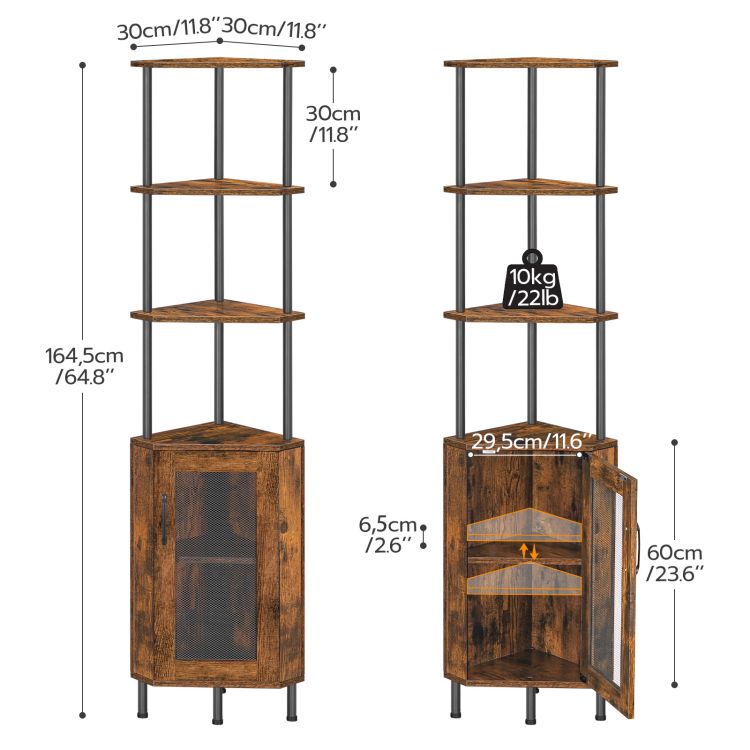 HOOBRO Corner Shelf Stand, 64.8" Tall Industrial Corner Cabinet with Doors, 5-Tier Corner Bookcase, Corner Display Cabinet Plant Stand, Display Shelves Rack for Living Room