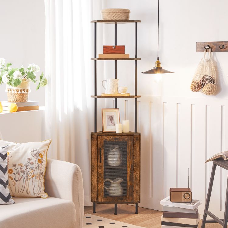 HOOBRO Corner Shelf Stand, 64.8" Tall Industrial Corner Cabinet with Doors, 5-Tier Corner Bookcase, Corner Display Cabinet Plant Stand, Display Shelves Rack for Living Room