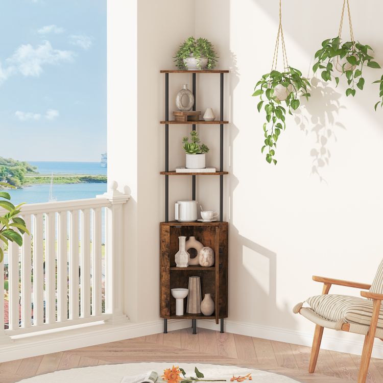 HOOBRO Corner Shelf Stand, 64.8" Tall Industrial Corner Cabinet with Doors, 5-Tier Corner Bookcase, Corner Display Cabinet Plant Stand, Display Shelves Rack for Living Room