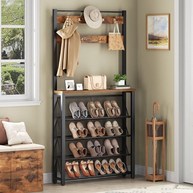 HOOBRO Hall Tree with Bench, Narrow Shoe Rack with Coat Rack, Coat Rack with Shoe Storage, 5 Tier Slanted Shoe Storage Organizer, Coat and Shoe Rack Entryway, Slim Hall Tree