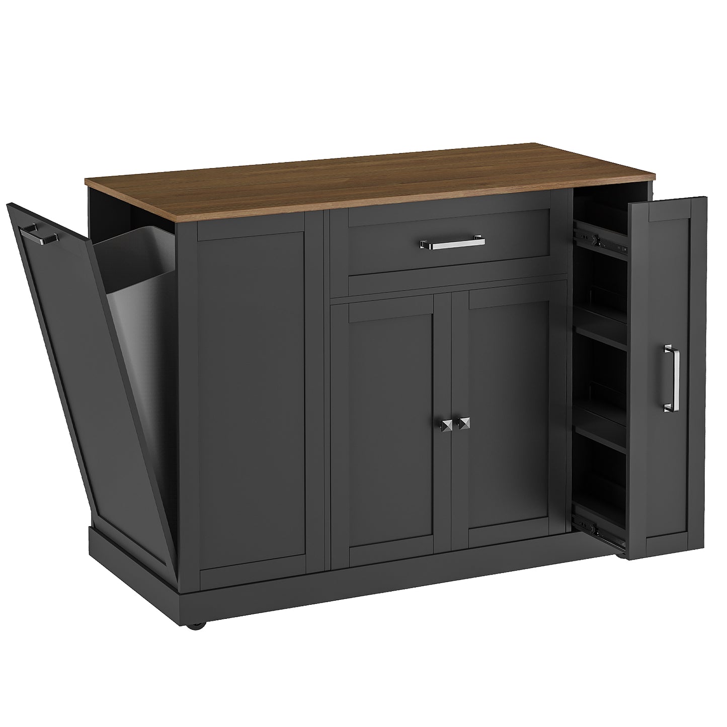 HOOBRO Rolling Kitchen Island with Trash Can Storage & Power Outlet, Kitchen Island Cart with Spice Rack & Drawer, Mobile Island Table for Kitchen