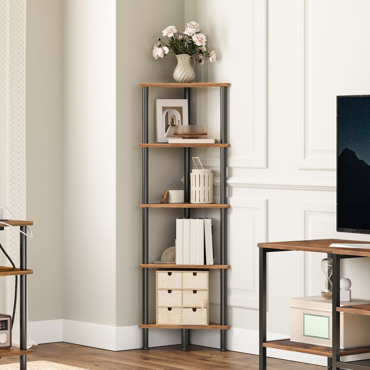 HOOBRO Corner Shelf, Industrial 5-Tier Wall Corner Bookshelf with Metal Frame, Corner Shelf Stand Display Plant Flower, Corner Bookcase for Small Spaces, Bedroom, Living Room