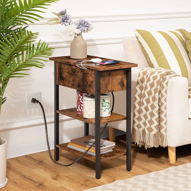 HOOBRO End Table with Charging Station, Narrow Side Table, Flip Top Nightstand with USB Ports and Outlets, Bedside Tables with Shelf for Small Spaces, Living Room