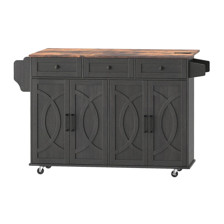 HOOBRO Kitchen Island with Drop Leaf, Rolling Kitchen Island with Storage and Power Outlet, Kitchen Cart with 3 Drawers and Adjustable Shelves, Towel and Spice Rack, for Dining Room