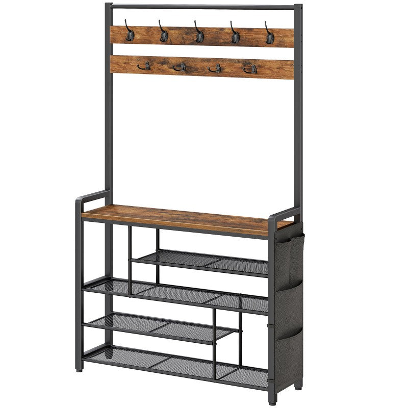 HOOBRO Hall Tree with Bench, Shoe Rack with Coat Rack, Coat Rack with Shoe Storage, 5 Tier Shoe Storage Organizer with Oxford Fabric Side Pockets, Coat and Shoe Rack Entryway