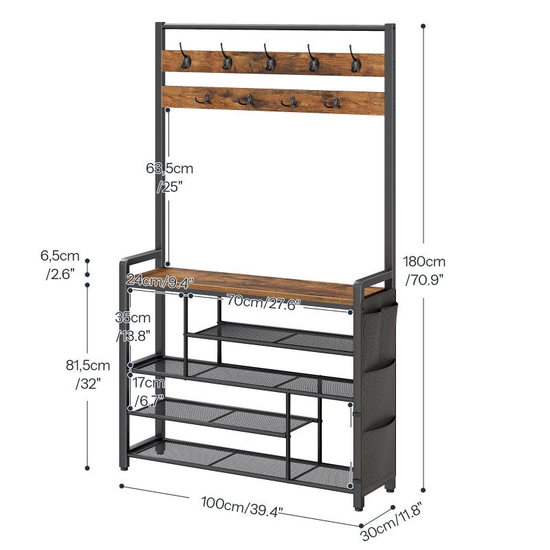 HOOBRO Hall Tree with Bench, Shoe Rack with Coat Rack, Coat Rack with Shoe Storage, 5 Tier Shoe Storage Organizer with Oxford Fabric Side Pockets, Coat and Shoe Rack Entryway