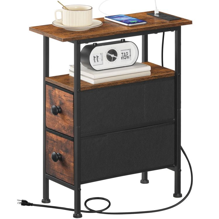 HOOBRO End Table with Charging Station, Narrow Side Table with 2 Fabric Drawers, Skinny Nightstand with Storage, Slim Bedside Table for Living Room, Small Spaces