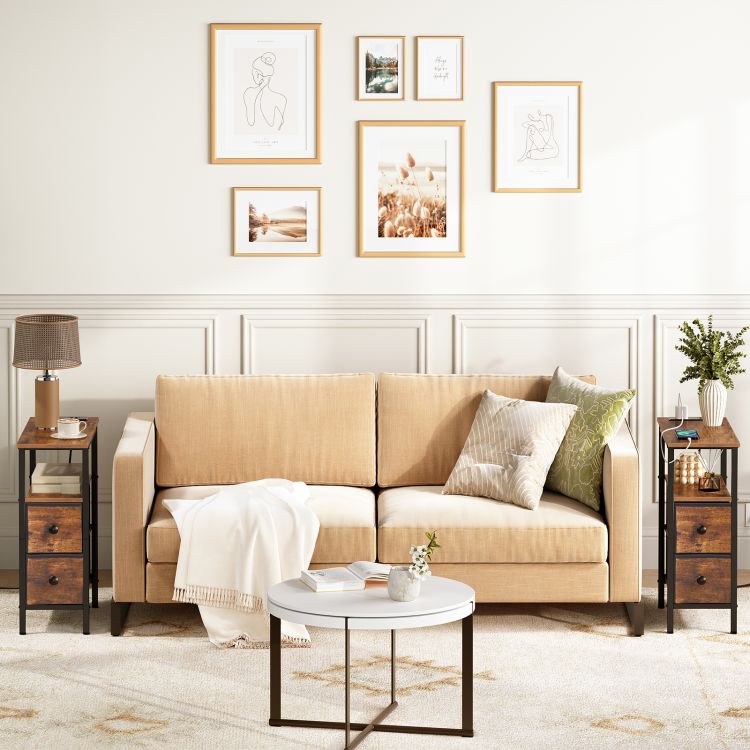 HOOBRO End Table with Charging Station, Narrow Side Table with 2 Fabric Drawers, Skinny Nightstand with Storage, Slim Bedside Table for Living Room, Small Spaces