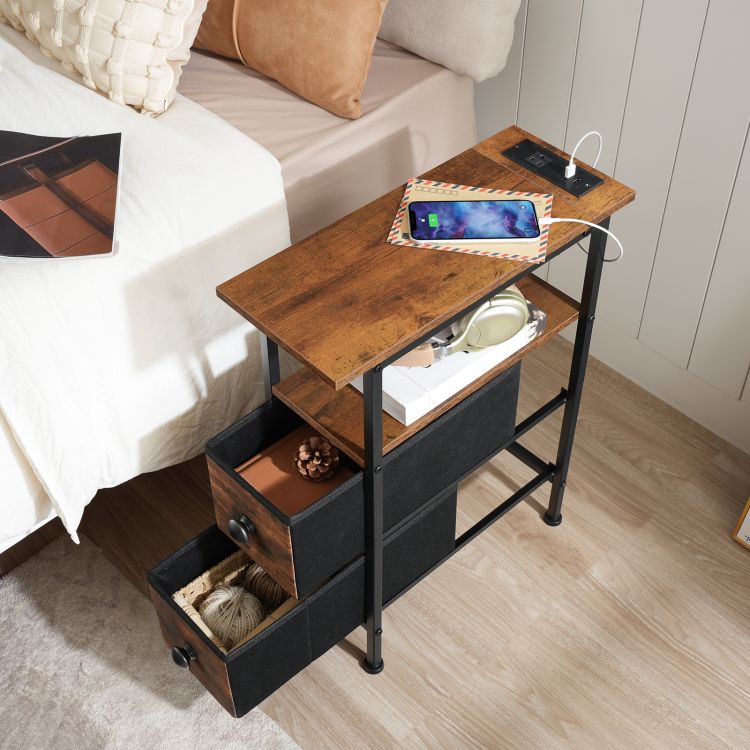 HOOBRO End Table with Charging Station, Narrow Side Table with 2 Fabric Drawers, Skinny Nightstand with Storage, Slim Bedside Table for Living Room, Small Spaces
