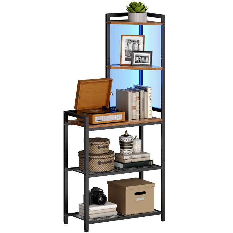 HOOBRO 5-Tier Corner Shelf Stand, Corner Shelf with LED Light, Corner Table with Bookshelf, Tall Storage Organizer Display Rack, for Small Spaces, Living Room, Office, Entryway