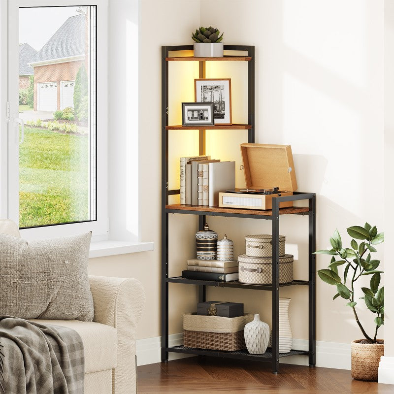 HOOBRO 5-Tier Corner Shelf Stand, Corner Shelf with LED Light, Corner Table with Bookshelf, Tall Storage Organizer Display Rack, for Small Spaces, Living Room, Office, Entryway