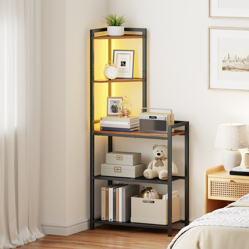 HOOBRO 5-Tier Corner Shelf Stand, Corner Shelf with LED Light, Corner Table with Bookshelf, Tall Storage Organizer Display Rack, for Small Spaces, Living Room, Office, Entryway