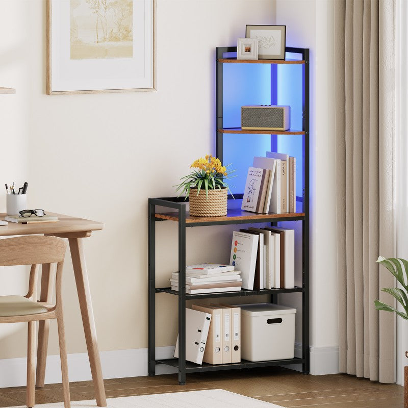 HOOBRO 5-Tier Corner Shelf Stand, Corner Shelf with LED Light, Corner Table with Bookshelf, Tall Storage Organizer Display Rack, for Small Spaces, Living Room, Office, Entryway