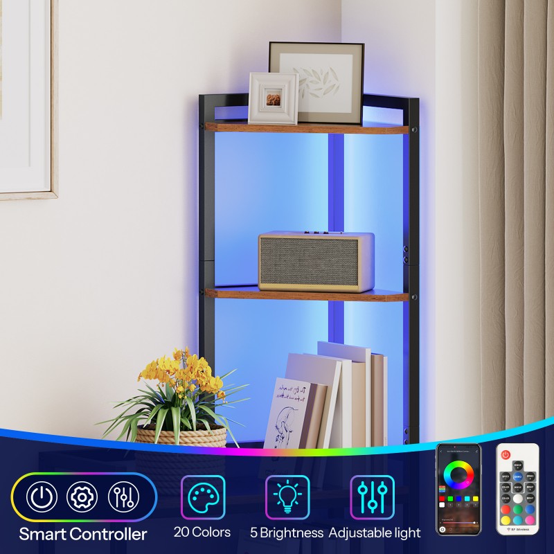 HOOBRO 5-Tier Corner Shelf Stand, Corner Shelf with LED Light, Corner Table with Bookshelf, Tall Storage Organizer Display Rack, for Small Spaces, Living Room, Office, Entryway
