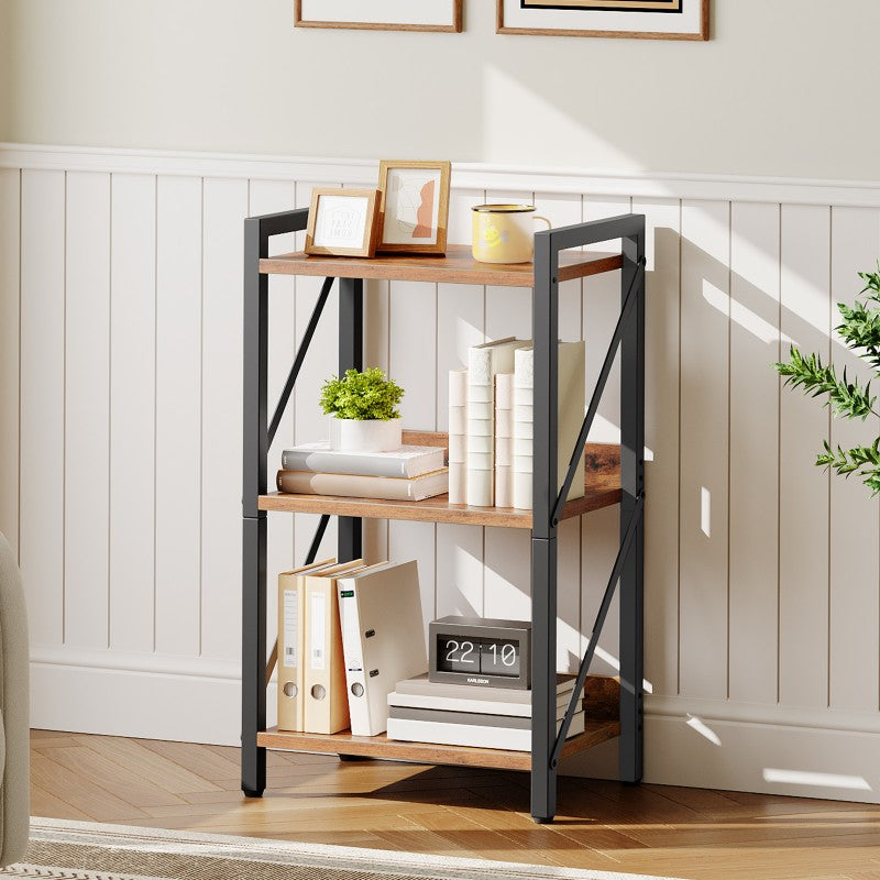 HOOBRO Bookshelf, 3-Tier Industrial Bookcase, Book Shelf Storage Organizer, Small Bookshelf with Metal Frame for Living Room, Bedroom, Home Office, Kitchen