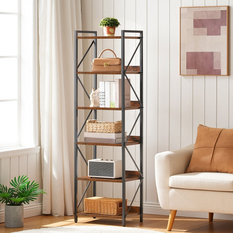 HOOBRO Bookshelf, 6-Tier Industrial Bookcase, Book Shelf Storage Organizer, Tall Bookshelf with Metal Frame for Living Room, Bedroom, Home Office, Kitchen