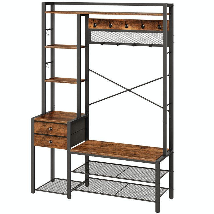 HOOBRO Hall Tree with Bench, Coat Rack with Shoe Storage, Entryway Bebch with Coat Rack, Coat and Shoe Rack, 5-Tier Shelves, 2 Fabric Drawers, 9 Coat Hooks, 4 Side Hooks