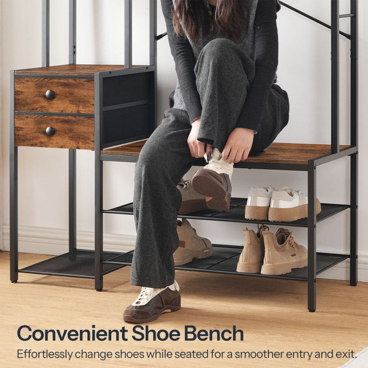 HOOBRO Hall Tree with Bench, Coat Rack with Shoe Storage, Entryway Bebch with Coat Rack, Coat and Shoe Rack, 5-Tier Shelves, 2 Fabric Drawers, 9 Coat Hooks, 4 Side Hooks