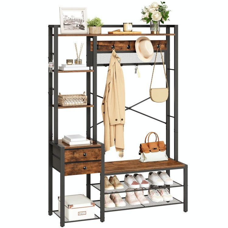 HOOBRO Hall Tree with Bench, Coat Rack with Shoe Storage, Entryway Bebch with Coat Rack, Coat and Shoe Rack, 5-Tier Shelves, 2 Fabric Drawers, 9 Coat Hooks, 4 Side Hooks