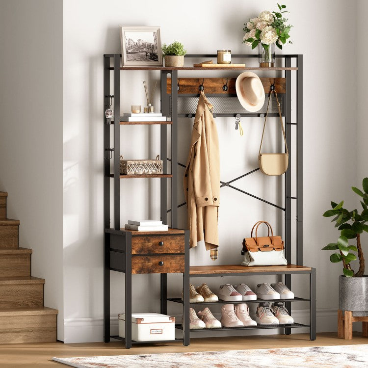 HOOBRO Hall Tree with Bench, Coat Rack with Shoe Storage, Entryway Bebch with Coat Rack, Coat and Shoe Rack, 5-Tier Shelves, 2 Fabric Drawers, 9 Coat Hooks, 4 Side Hooks