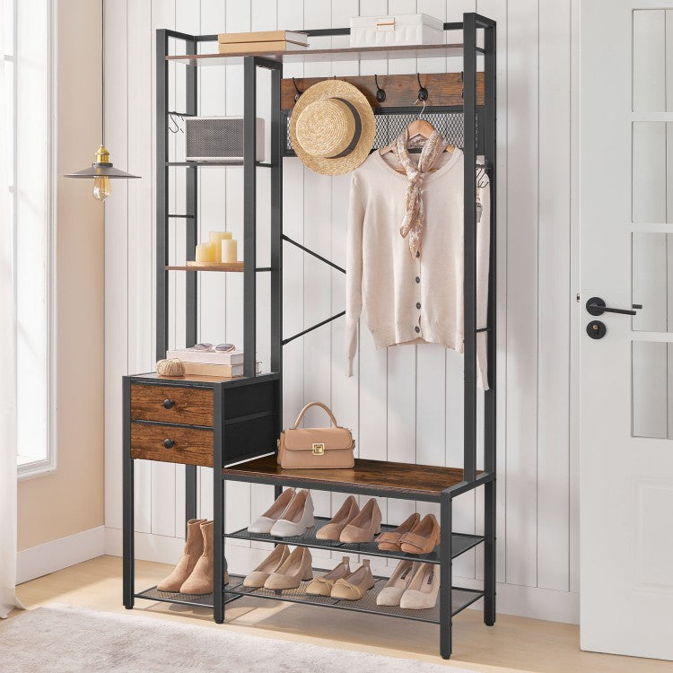 HOOBRO Hall Tree with Bench, Coat Rack with Shoe Storage, Entryway Bebch with Coat Rack, Coat and Shoe Rack, 5-Tier Shelves, 2 Fabric Drawers, 9 Coat Hooks, 4 Side Hooks