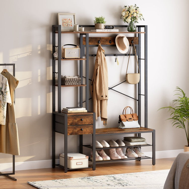 HOOBRO Hall Tree with Bench, Coat Rack with Shoe Storage, Entryway Bebch with Coat Rack, Coat and Shoe Rack, 5-Tier Shelves, 2 Fabric Drawers, 9 Coat Hooks, 4 Side Hooks