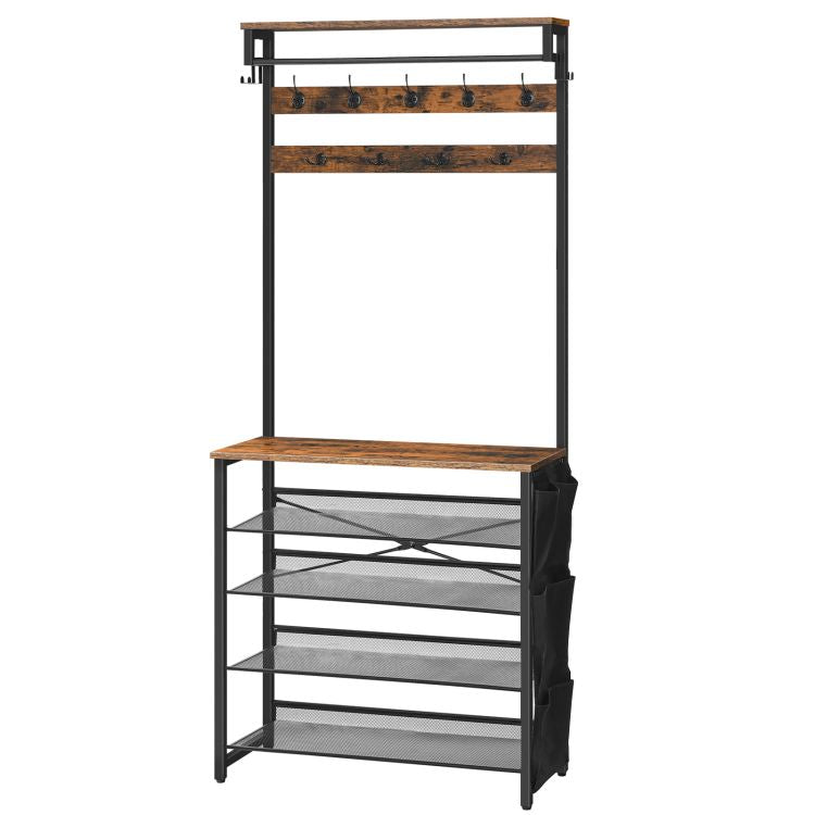 HOOBRO Hall Tree with Bench, Entryway Coat Rack with Shoe Rack, Shoe and Coat Rack, 5 Tier Shoe Storage Organizer with Oxford Fabric Side Pockets, Adjustable Mesh Shelves