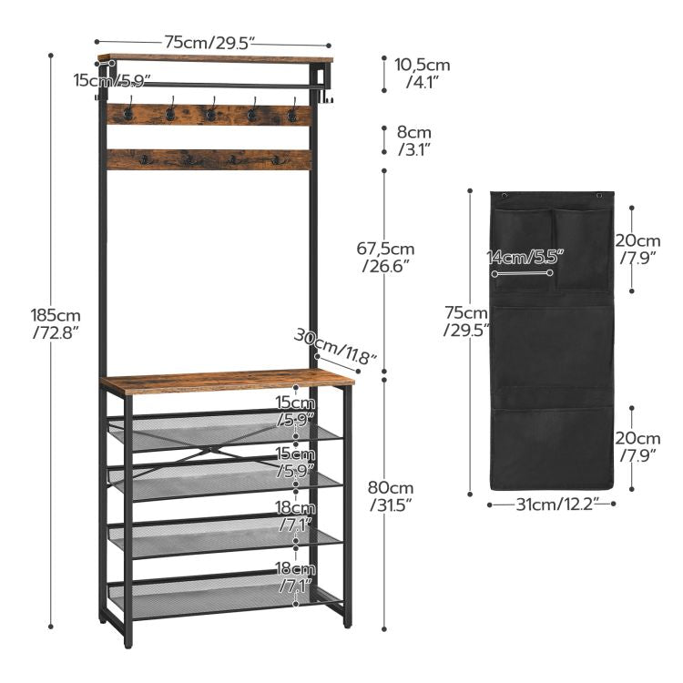 HOOBRO Hall Tree with Bench, Entryway Coat Rack with Shoe Rack, Shoe and Coat Rack, 5 Tier Shoe Storage Organizer with Oxford Fabric Side Pockets, Adjustable Mesh Shelves