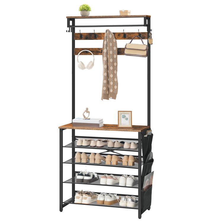 HOOBRO Hall Tree with Bench, Entryway Coat Rack with Shoe Rack, Shoe and Coat Rack, 5 Tier Shoe Storage Organizer with Oxford Fabric Side Pockets, Adjustable Mesh Shelves