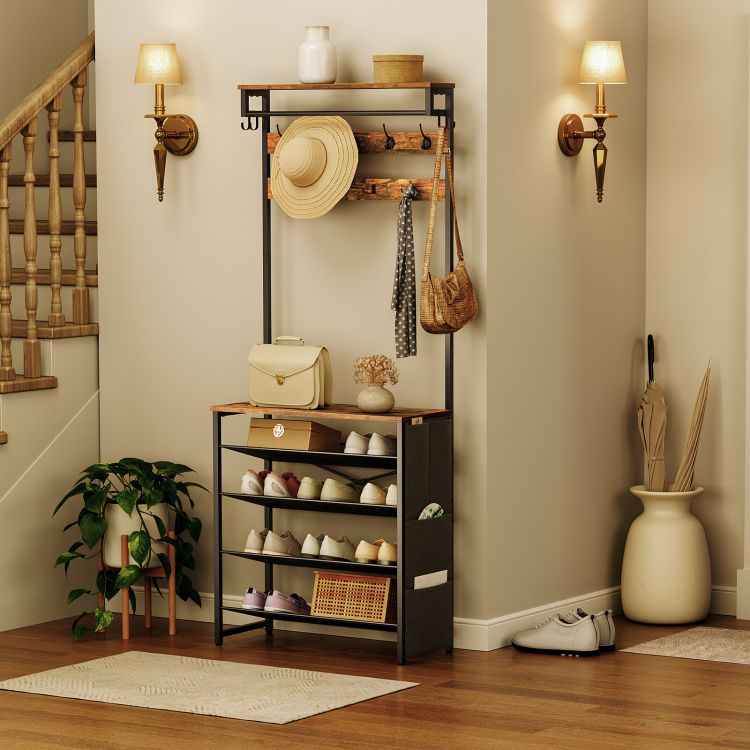 HOOBRO Hall Tree with Bench, Entryway Coat Rack with Shoe Rack, Shoe and Coat Rack, 5 Tier Shoe Storage Organizer with Oxford Fabric Side Pockets, Adjustable Mesh Shelves