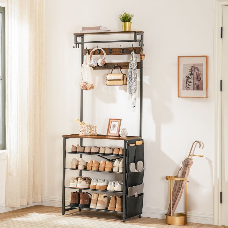 HOOBRO Hall Tree with Bench, Entryway Coat Rack with Shoe Rack, Shoe and Coat Rack, 5 Tier Shoe Storage Organizer with Oxford Fabric Side Pockets, Adjustable Mesh Shelves