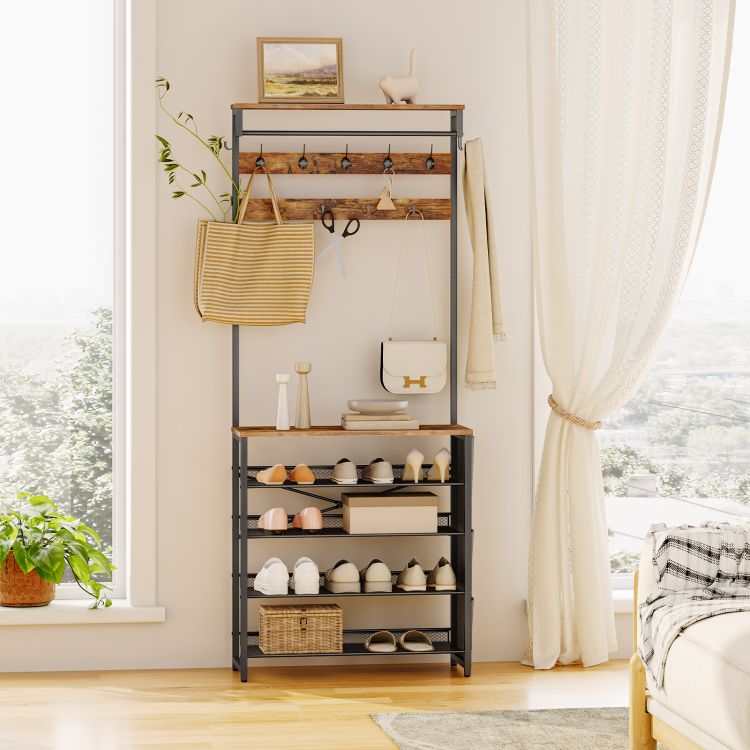 HOOBRO Hall Tree with Bench, Entryway Coat Rack with Shoe Rack, Shoe and Coat Rack, 5 Tier Shoe Storage Organizer with Oxford Fabric Side Pockets, Adjustable Mesh Shelves