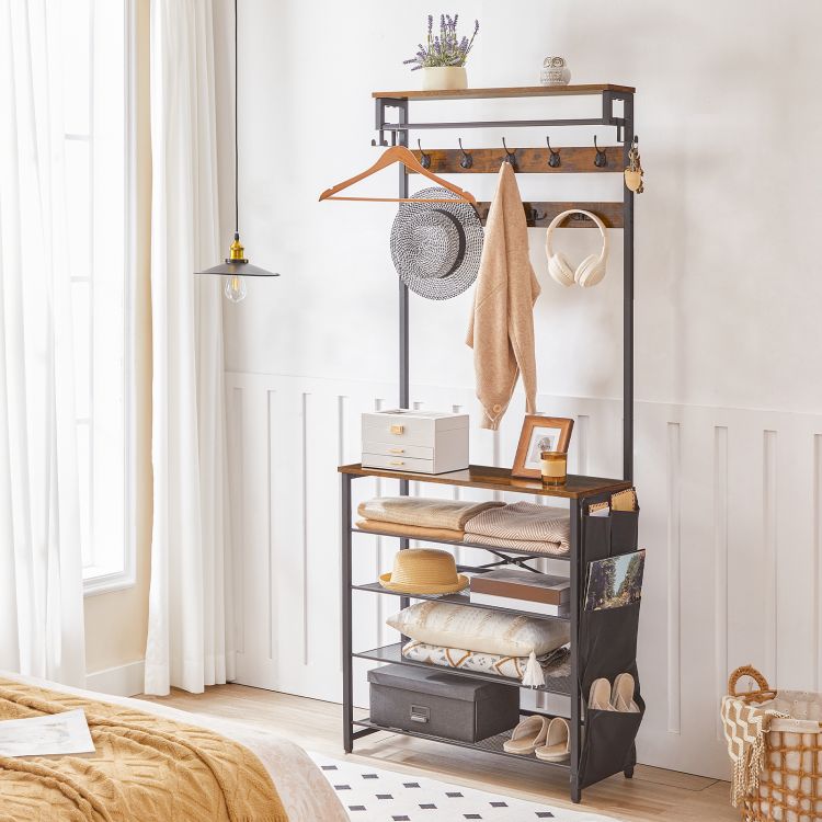 HOOBRO Hall Tree with Bench, Entryway Coat Rack with Shoe Rack, Shoe and Coat Rack, 5 Tier Shoe Storage Organizer with Oxford Fabric Side Pockets, Adjustable Mesh Shelves