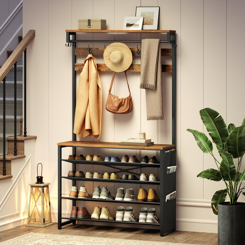 HOOBRO Hall Tree with Bench, Entryway Coat Rack with Shoe Rack, 39.4" Shoe and Coat Rack, 5 Tier Shoe Storage Organizer with Oxford Fabric Side Pockets, Adjustable Mesh Shelves