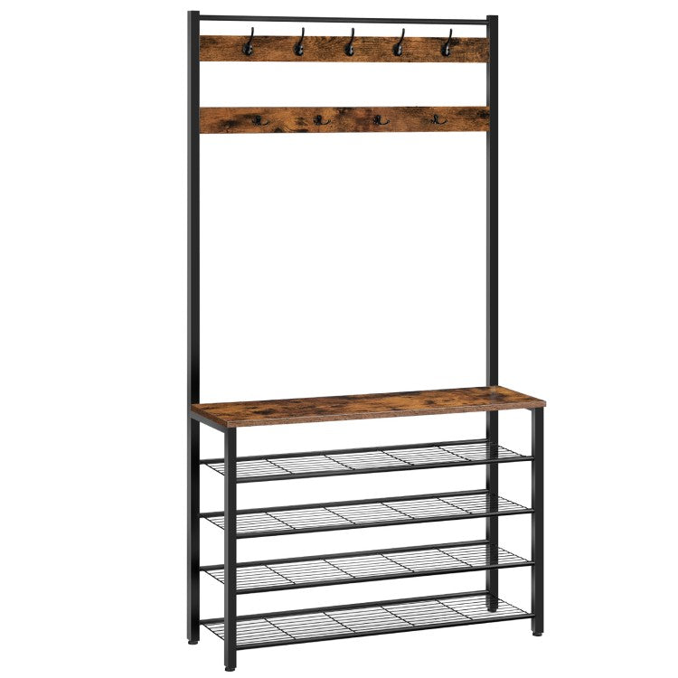 HOOBRO Hall Tree, Coat Rack with Shoe Rack, 39.4” Hall Tree with Bench, 5 Tier Shoe Storage Organizer with 9 Hooks for Entryway, Closet, Sturdy, Industrial