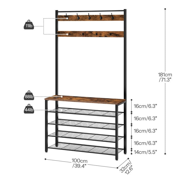 HOOBRO Hall Tree, Coat Rack with Shoe Rack, 39.4” Hall Tree with Bench, 5 Tier Shoe Storage Organizer with 9 Hooks for Entryway, Closet, Sturdy, Industrial
