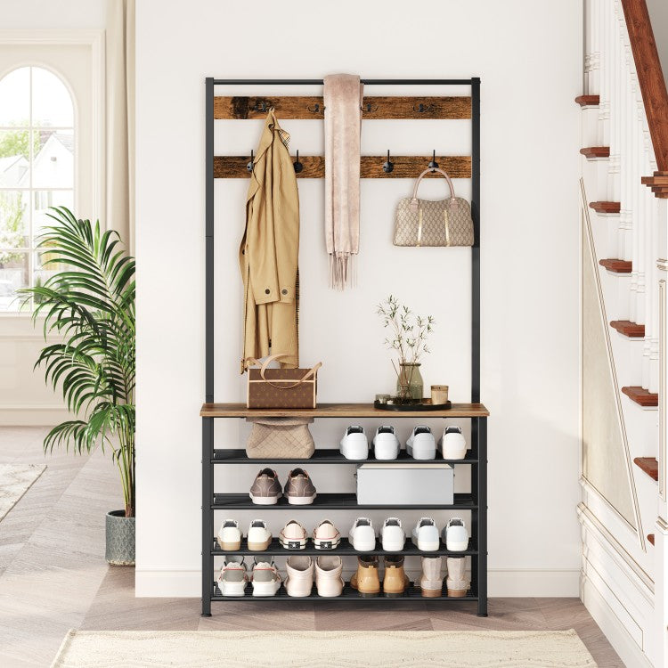 HOOBRO Hall Tree, Coat Rack with Shoe Rack, 39.4” Hall Tree with Bench, 5 Tier Shoe Storage Organizer with 9 Hooks for Entryway, Closet, Sturdy, Industrial