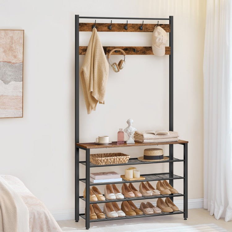 HOOBRO Hall Tree, Coat Rack with Shoe Rack, 39.4” Hall Tree with Bench, 5 Tier Shoe Storage Organizer with 9 Hooks for Entryway, Closet, Sturdy, Industrial