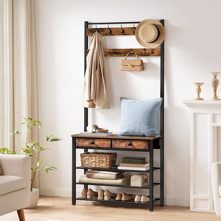 HOOBRO Hall Tree, Entryway Coat and Shoe Rack, Hall Tree with Bench, Shoe and Coat Rack with 2 Fabric Drawers, Coat Rack with Shoe Storage, 4 Tier Shoe Organizer