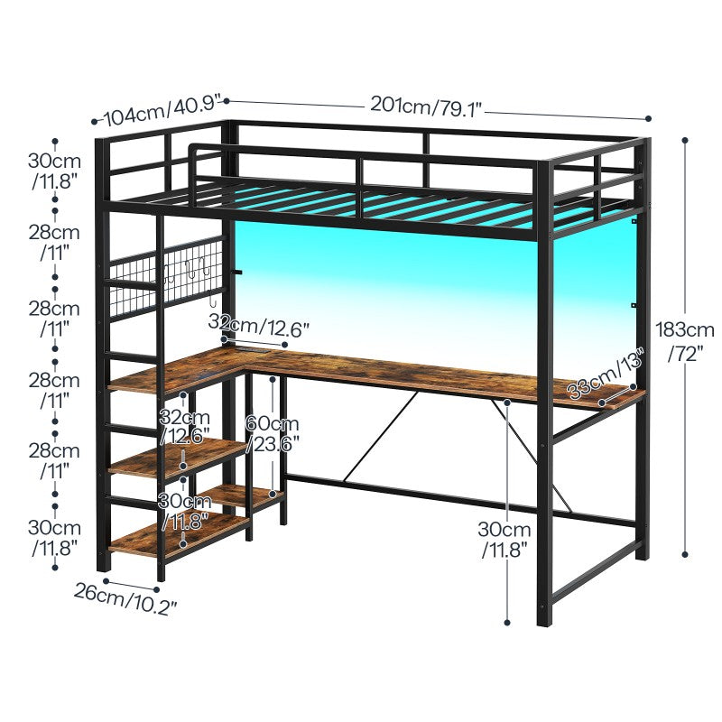 HOOBRO Twin Size Loft Bed with Ladder and Guardrail, Metal Bunk Bed with Desk, LED Lights and Charging Station for Teens, Adults, Space Saving, No Box Spring Needed